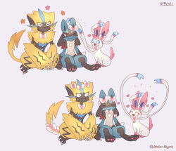 atelier_rhyme black_hair bow claws closed_eyes creatures_(company) fang game_freak gen_4_pokemon gen_6_pokemon gen_7_pokemon legendary_pokemon lucario mythical_pokemon nintendo open_mouth pink_hair pokemon pokemon_(creature) ribbon sitting smile spikes sweat sylveon zeraora