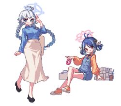 Rule 34 | 2girls, ahoge, antenna hair, blue archive, blue eyes, blue halo, blue shirt, braid, brown skirt, crossed legs, dasa (bearisalive), donut, food, fubuki (blue archive), grey hair, grin, halo, holding, holding donut, holding food, invisible chair, kirino (blue archive), long hair, long sleeves, looking at viewer, multiple girls, open mouth, orange shirt, pink halo, pixel art, red eyes, salute, shirt, shoes, simple background, sitting, skirt, smile, sneakers, standing, twin braids, twintails, white background