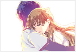 1boy 1girl akanegasaki_sora blue_hair brown_eyes brown_hair crying crying_with_eyes_open ever_17 hetero hug kuranari_takeshi layered_sleeves long_hair long_sleeves short_hair short_over_long_sleeves short_sleeves smile takigawa_yuu tears very_long_hair