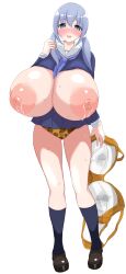 1girl absurdres alternate_breast_size animal_print blue_eyes blue_hair blue_skirt blush bra breasts breasts_out clothes_lift drooling female_focus full_body gigantic_breasts grey_hair heart heart-shaped_pupils highres holding holding_bra holding_underwear holding_unworn_clothes huge_areolae inside_bra kneehighs lactation large_nipples leopard_print leopard_print_panties loafers long_hair looking_at_viewer milkcarton_man mouth_drool naughty_face neckerchief nijisanji nipples no_bra nose_blush open_clothes open_mouth pleated_skirt school_uniform seductive_smile serafuku shirt shirt_lift shoes skirt smile socks solo standing sweat symbol-shaped_pupils tachi-e thighs twintails undersized_clothes underwear unworn_bra virtual_youtuber wardrobe_malfunction wet wet_clothes wet_underwear yuuki_chihiro