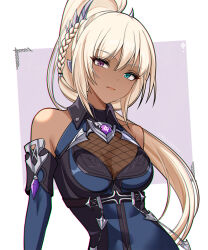 Rule 34 | 1girl, breasts, cleavage, dark-skinned female, dark skin, earan (mabinogi), elbow gloves, fishnets, gloves, heterochromia, highres, hynatrin, mabinogi, ponytail, simple background, sleeveless
