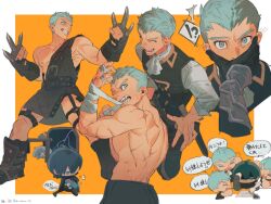 !? 2boys abs bandaged_arm bandages blush caspar_von_bergliez chibi chibi_inset covering_another&#039;s_mouth cross_scar fire_emblem fire_emblem:_three_houses garreg_mach_monastery_uniform hashtag-only_commentary highres male_byleth_(fire_emblem) male_focus multiple_boys multiple_scars multiple_views muscular muscular_male nintendo pectorals scar scar_on_arm scar_on_back scar_on_shoulder speech_bubble topless_male translation_request wushi_stoneee