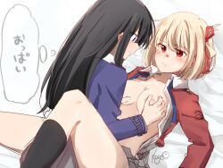 2girls absurdres between_legs black_hair black_socks blonde_hair blue_ribbon blush breasts closed_mouth commentary_request grabbing_another&#039;s_breast groping hair_ribbon highres inoue_takina kage_ochi kneehighs long_hair lycoris_recoil medium_breasts multiple_girls neck_ribbon nipples nishikigi_chisato one_side_up open_door open_mouth purple_eyes red_eyes red_ribbon ribbon short_hair socks speech_bubble thought_bubble yuri