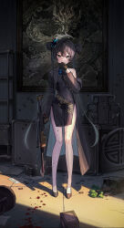 1girl absurdres architecture black_dress black_footwear black_gloves black_hair blood blood_on_clothes blood_on_leg blood_splatter blue_archive book box breasts bullet shell_casing bullet_hole butterfly_hair_ornament china_dress chinese_clothes coat covered_navel day double_bun dragon dragon_print dress east_asian_architecture flower_pot full_body gloves grey_coat grey_eyes grey_halo groin gun hair_bun hair_ornament halo hand_to_own_mouth high_heels highres holding holding_gun holding_weapon kisaki_(blue_archive) knees kokukyukeo legs long_hair long_sleeves looking_at_viewer off_shoulder open_clothes open_coat paper pelvic_curtain picture_frame see-through_clothes see-through_dress shade shadow shattered shelf shell_casing small_breasts soil solo standing striped_coat suitcase tight_clothes twintails vertical-striped_coat weapon