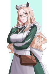 1girl absurdres animal_ears apron arm_under_breasts back_bow bow breasts brown_hair collared_dress commentary contrast_collar curtained_hair dress earrings english_commentary forehead frilled_apron frills glasses green_dress green_eyes hat head_rest highres indie_virtual_youtuber jewelry leather_bag light_smile lips long_hair long_sleeves looking_at_viewer maid_apron mature_female mole mole_under_mouth nimi_nightmare nurse_cap pillarboxed round_eyewear sleeve_cuffs solo tapir_ears tapir_girl twitter_username virtual_youtuber waist_bag white_apron white_sleeve_cuffs yubaest