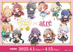 6+girls amasawa_hajime amasawa_kyou animal_ear_hairband animal_ears asanagi_yori atre_akihabara belt black_belt black_corset black_dress black_gloves black_hair black_hat black_jacket black_pantyhose black_shoes black_skirt black_thighhighs blonde_hair blue_dress blue_eyes blue_hair blue_jacket blue_ribbon blush bow bowtie braid brown_hair brown_skirt cat_ears center_frills chibi chibi_only closed_eyes clothing_cutout commentary_request copyright_name corset crossed_bangs crown cup dress elbow_gloves everyone fake_animal_ears fake_tail fang frills gloves green_eyes grey_shirt grey_thighhighs hair_between_eyes hair_bun hair_ornament hairband hairclip half_up_braid hat highres holding holding_cup holding_teapot hood hood_down hooded_jacket izumi_shiho jacket kino_himari lolita_hairband long_hair long_sleeves lower_teeth_only medium_hair mini_crown mini_hat mizuguchi_aki mizuguchi_miki mole mole_under_eye mole_under_mouth mouse_ears multiple_girls neck_ribbon off-shoulder_dress off_shoulder official_art one_eye_closed one_side_up open_mouth orange_eyes orange_hair pantyhose purple_eyes purple_hair purple_jacket rabbit_ears red_bow red_bowtie red_eyes red_hair red_shoes red_shorts ribbon sasayaku_you_ni_koi_wo_utau satomiya_momoka second-party_source shirt shoes shorts shoulder_cutout siblings single_thighhigh sisters skin_fang skirt sleeveless sleeveless_shirt socks tachibana_kaori_(sasakoi) tail takeshima_eku teapot teeth thigh_strap thighhighs tsutsui_mari_(sasakoi) white_dress white_hair white_shirt white_socks white_thighhighs