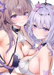 2girls armpit_crease ascot bare_shoulders bikini black_tiara blush breast_press breasts brown_hair butterfly_earrings castorice_(honkai:_star_rail) closed_mouth collarbone commentary_request cropped earrings flower hair_flower hair_intakes hair_ornament herta_(honkai:_star_rail) highres honkai:_star_rail honkai_(series) jewelry key key_necklace large_breasts long_hair looking_at_viewer machi_(machi0910) multiple_girls necklace parted_lips pink_flower pointy_ears purple_eyes purple_flower purple_hair smile swimsuit symmetrical_docking the_herta_(honkai:_star_rail) tiara twitter_username white_ascot white_background