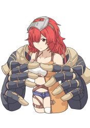 1girl absurdres belt breasts brown_eyes cleavage cropped_legs epeius_(sennen_sensou_aigis) hair_over_one_eye highres mechanical_arms medium_hair red_hair sennen_sensou_aigis short_shorts shorts single_thighhigh solo thigh_belt thigh_strap thighhighs uken_ltd welding_mask white_background