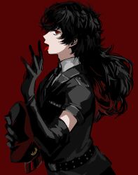 1boy amamiya_ren black_gloves black_hair black_hat black_jacket black_necktie collared_shirt crossdressing elbow_gloves from_side gloves hand_up hat highres holding holding_unworn_clothes holding_unworn_hat jacket lipstick long_hair looking_at_viewer makeup male_focus necktie open_mouth persona persona_5 persona_5:_dancing_star_night persona_dancing police police_uniform policewoman red_background red_eyes red_lips saichuu_(more1208) shirt sideways_glance simple_background solo tongue tongue_out trap unworn_hat unworn_headwear wavy_hair white_shirt