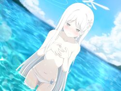 Rule 34 | 1girl, beach, bikini, bikini bottom only, blue archive, blush, breasts, collarbone, commentary request, covering breasts, covering privates, embarrassed, grey eyes, hair ornament, halo, kuinanoda, long hair, looking at viewer, nagusa (blue archive), nagusa (swimsuit) (blue archive), navel, ocean, small breasts, snowflake hair ornament, snowflake halo, solo, swimsuit, very long hair, white bikini, white hair, white halo