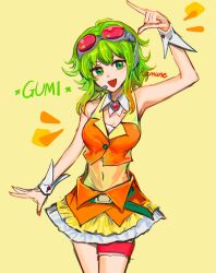 1girl :d ahoge arm_at_side arm_up artist_name bare_arms bare_shoulders belt breasts buttons character_name chromatic_aberration cleavage commentary covered_navel cowboy_shot detached_collar dress goggles goggles_on_head green_belt green_eyes green_hair gumi hair_between_eyes headset highres index_finger_raised korean_commentary lapels large_breasts looking_at_viewer medium_hair nail_polish open_mouth orange_skirt orange_vest petticoat ramune55ni red_brooch red_nails sidelocks simple_background skirt smile solo standing thigh_strap vest vocaloid white_wrist_cuffs wrist_cuffs yellow_background yellow_dress