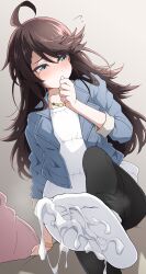 1girl absurdres ahoge black_pants blue_jacket blush brown_hair cum cum_on_body cum_on_feet denim denim_jacket foot_focus from_below green_eyes highres jacket jewelry leg_up long_hair looking_to_the_side necklace nel-c original paid_reward_available pants shirt socks solo variant_set white_shirt white_socks