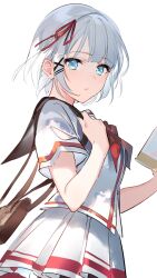 Rule 34 | 1girl, arm at side, artist name, belt, black belt, blue eyes, blush, bow, breasts, closed mouth, collared shirt, day, grey jacket, hair intakes, hair ornament, hairclip, hand up, highres, jacket, large breasts, long sleeves, looking at viewer, outdoors, red bow, red neckwear, school uniform, shirt, short hair, siesta (tantei wa mou shindeiru), skirt, smile, solo, tantei wa mou shindeiru, white hair, white skirt, x hair ornament