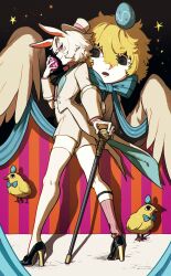 2girls absurdres animal animal_ears asymmetrical_legwear bird blonde_hair cane chick coattails easter_bunny easter_egg egg full_body high-waist_shorts high_heels highres holding holding_cane holding_egg looking_at_viewer mismatched_legwear momomo_906 multiple_girls original pink_eyes rabbit_ears rabbit_girl rabbit_tail short_hair shorts solo tail
