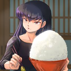 1girl artist_name black_hair black_shirt bowl brown_eyes chopsticks collarbone commentary door food food_on_face fruit indoors lime_(fruit) lipstick long_hair makeup miz_mus nail_polish pink_lips pink_nails rice rice_bowl sakura_(urusei_yatsura) shirt solo too_much_food twitter_username upper_body urusei_yatsura