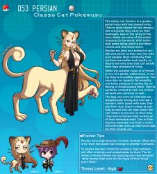 1boy 1girl animal_ears artist_name black_dress blonde_hair bracelet breasts cat_ears cat_girl cat_tail centauroid chain character_name character_profile choker claws commentary creatures_(company) dress english_commentary english_text forehead_jewel furry game_freak gen_1_pokemon hat highres jewelry kinkymation large_breasts long_hair nintendo persian poke_ball pokemon pokemon_(creature) purple_hair red_eyes tail taur very_long_hair whiskers