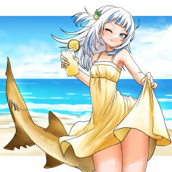 1girl alternate_costume beach blue_hair blue_sky clothes_lift cloud cup dress dress_lift fins fish_tail food fruit gawr_gura grey_hair holding holding_cup hololive hololive_english lemon lemon_slice looking_at_viewer medium_hair multicolored_hair one_eye_closed shark_girl shark_tail skirt_hold sky smile streaked_hair superfann tail two_side_up virtual_youtuber water wide_hips yellow_dress