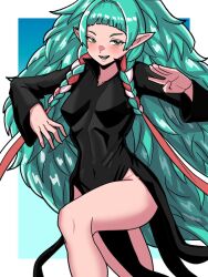 1girl alternate_costume bad_tag black_dress braid breasts collar commentary cosplay dress fire_emblem fire_emblem:_three_houses green_eyes green_hair highres long_hair mnejing30 nintendo one-punch_man popped_collar small_breasts solo sothis_(fire_emblem) tatsumaki tatsumaki_(cosplay) thighs very_long_hair