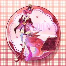 1girl absurdres animal_ear_fluff animal_ears artist_name black_choker black_shorts boots bow bowtie brown_bow brown_hair brown_hat buttons chinese_commentary chocolate choker closed_mouth coattails commentary_request cure_chocolat dog_ears dog_girl dog_tail food-themed_clothes full_body fur-trimmed_jacket fur_trim gradient_background hair_between_eyes hand_on_own_hip hat high_heel_boots high_heels highres inhan jacket juliet_sleeves kenjou_akira kirakira_precure_a_la_mode knee_boots long_sleeves looking_to_the_side magical_girl miniskirt multicolored_hair ouji_fashion plaid_background plate pleated_skirt precure puffy_sleeves red_background red_boots red_eyes red_hair red_jacket short_hair shorts shorts_under_skirt skirt smile solo standing streaked_hair swept_bangs tail top_hat vertical-striped_sleeves waist_bow watermark white_skirt white_sleeve_cuffs yellow_bow yellow_bowtie