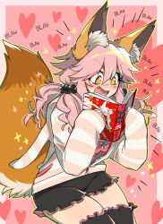 Rule 34 | + +, 1girl, animal ear fluff, animal ears, black shorts, black thighhighs, blush, blushily, book, border, bow, bow bra, bra, cardigan, commentary, commission, english commentary, fang, fate/grand order, fate (series), fox ears, fox girl, fox tail, hair between eyes, hair ornament, heart, heart background, highres, holding, holding book, long hair, long sleeves, looking at object, manga (object), open book, open cardigan, open clothes, open mouth, outside border, pink background, pink bra, pink hair, puffy long sleeves, puffy sleeves, reading, short shorts, shorts, sidelocks, sitting, smile, solo, sparkle background, striped clothes, striped sweater, sweater, tail, tamamo (fate), tamamo no mae (fate), tamamo no mae (spring casual) (fate), thighhighs, thighs, underwear, v-shaped eyebrows, wavy hair, white border, white bow, white sweater, yellow eyes