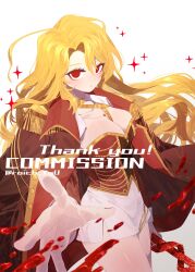 1girl absurdres blonde_hair blush breasts cleavage_cutout closed_mouth clothing_cutout coat don_quixote_(project_moon) hand_up highres holding holding_weapon jewelry la_manchaland_(identity)_(project_moon) large_breasts light_particles limbus_company long_hair looking_at_viewer microskirt necklace pmchell_04 project_moon red_eyes sancho_(project_moon) shirt simple_background skirt slit_pupils solo weapon white_background white_shirt