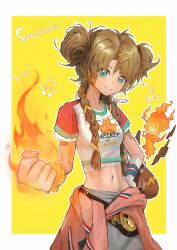 Rule 34 | 1girl, absurdres, belt, blue eyes, blue pants, border, boxing gloves, braid, breasts, brown gloves, brown hair, championship belt, character name, clenched hand, closed mouth, clothes around waist, double bun, elemental (creature), fire, fire elemental, flaming hand, gloves, hair bun, hand on own hip, highres, long hair, looking at viewer, low twin braids, medium breasts, midriff, navel, outside border, pants, pingfan de mao, reverse:1999, scrunchie, shirt, short sleeves, smile, solo, spathodea (reverse:1999), t-shirt, twin braids, ulu (reverse:1999), unworn gloves, upper body, white border, white shirt, wrist scrunchie, yellow background, yellow scrunchie