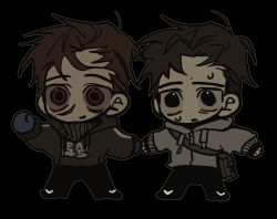 2boys afraid_of_monsters bag black_background black_eyes black_gloves black_hair black_hoodie bloodshot_eyes brown_eyes brown_hair chibi chibi_only cry_of_fear david_leatherhoff fingerless_gloves gloves grey_hoodie highres holding_hands hood hood_down hoodie ju-san looking_at_viewer messy_hair multiple_boys nervous_sweating outline print_hoodie scar scar_on_face short_hair shoulder_bag simon_henriksson sweat sweatdrop turtleneck waving white_outline