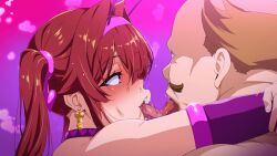 1boy 1girl animated animated_gif arika_(bakunyuu_party) bakunyuu_party blush brown_hair earrings french_kiss game_cg jewelry kiss red_hair takeda_hiromitsu ugly_bastard