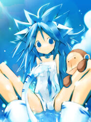 1girl alternate_color animal animal_ears arms_behind_back bare_shoulders blue_eyes blue_hair cat_ears cat_girl cat_tail cham_cham closed_mouth commentary_request dress kei_(keigarou) long_hair monkey paku_paku player_2 samurai_spirits sitting smile tail white_dress white_footwear white_tail