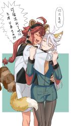 2girls absurdres ahoge animal_ear_fluff animal_ears arm_around_shoulder arm_around_waist asticassia_school_uniform black_hairband blush chinese_commentary commentary_request dark-skinned_female dark_skin female_focus fox_ears fox_tail front-seamed_legwear furrowed_brow green_jacket green_shorts grey_hair gundam gundam_suisei_no_majo hair_between_eyes hairband hands_on_another&#039;s_arms height_difference highres hug jacket jewelry joker_(jjjokerrr233) kemonomimi_mode long_hair long_sleeves low_ponytail miorine_rembran multiple_girls open_mouth pantyhose ponytail raccoon_ears raccoon_tail red_hair ring school_uniform seamed_legwear shorts shoulder_boards simple_background smile suletta_mercury tail thick_eyebrows wedding_ring wife_and_wife yuri