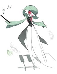 black_bow black_bowtie bob_cut bow bowtie colored_skin conductor_baton dress gardevoir gen_3_pokemon gen_5_pokemon green_hair green_skin legendary_pokemon meloetta meloetta_(aria) multicolored_skin musical_note mythical_pokemon nintendo one_eye_closed open_mouth pink_eyes pokemon pokemon_(creature) simple_background sok_(mr14_c) two-tone_skin white_background white_dress white_skin
