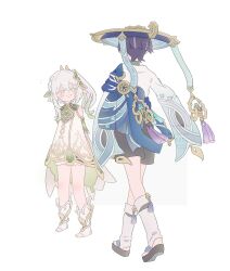 1boy 1girl absurdres animal_print anni_(556_an) armlet arms_behind_back bird_print black_leggings black_sandals black_shorts bloomers blue_cape blue_hat blunt_ends blush cape capelet colored_eyelashes colored_tips detached_sleeves double-parted_bangs dress facing_another furisode gem genshin_impact gold gold_trim green_dress green_eyes green_gemstone green_hair green_sleeves hair_between_eyes hair_ornament half_crown_braid happy hat highres japanese_clothes jewelry jingasa kimono leaf leaf_hair_ornament leg_warmers leggings long_hair looking_at_another mid-stride multicolored_hair nahida_(genshin_impact) notice_lines okobo platform_sandals pointy_ears purple_hair sandals scaramouche_(genshin_impact) shorts side_ponytail sidelocks socks standing stirrup_footwear stirrup_legwear streaked_hair tassel toeless_legwear toes two-sided_dress two-sided_fabric underwear waiting wanderer_(genshin_impact) watermark white_background white_bloomers white_capelet white_dress white_eyelashes white_hair white_kimono white_leg_warmers white_socks white_trim