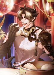 1boy arknights armor brown_hair chongyue_(arknights) dragon_boy dragon_horns dragon_tail fangs food gi_um highres holding holding_food horns indoors long_hair looking_at_viewer low_ponytail male_focus pauldrons pointy_ears ponytail red_eyes shoulder_armor single_pauldron sitting sleeveless solo steamed_bun table tail upper_body