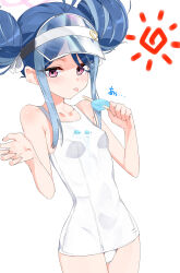 absurdres alternate_costume bare_shoulders blue_archive blue_hair fubuki_(blue_archive) fubuki_(swimsuit)_(blue_archive) halo highres isocha looking_at_viewer multicolored_hair official_alternate_costume official_alternate_hairstyle one-piece_swimsuit pink_eyes pink_halo school_swimsuit simple_background swimsuit thighs two-tone_hair visor_cap white_background white_one-piece_swimsuit