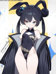 1girl absurdres animal_ear_hairband animal_ears black_hair black_leotard blue_archive blue_eyes breasts chinese_clothes closed_mouth commentary covered_navel cowboy_shot double_bun fake_animal_ears gluteal_fold hair_bun hairband highres kisaki_(blue_archive) leotard long_hair momobug22 rabbit_ear_hairband rabbit_ears revision small_breasts thick_thighs thighs twintails