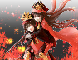 1boy 1girl :d armored_boots belt black_background black_hat black_jacket black_pants boots brother_and_sister brown_belt brown_hair cape carrying center-flap_bangs chain closed_eyes crest family_crest fate/grand_order fate_(series) feet_out_of_frame fiery_hair floating_cape floating_hair flower gloves gold_chain gradient_background grey_background grey_gloves grin hair_between_eyes hat highres illen jacket kepi light_particles long_hair long_sleeves looking_at_another low_ponytail military_hat military_uniform oda_nobukatsu_(fate) oda_nobunaga_(fate) oda_nobunaga_(koha-ace) oda_uri open_mouth outline pants peaked_cap piggyback ponytail red_cape red_eyes red_jacket siblings smile spider_lily v-shaped_eyebrows very_long_hair white_outline