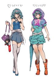 1girl :q absurdres alternate_costume bag ben-day_dots blue_dress blue_eyes blue_hair blue_shoes blue_skirt blue_tank_top blue_umbrella boots bottle capelet character_doll closed_mouth commentary cross-laced_clothes cross-laced_top dress english_text fingernails fumo_(doll) hand_up heart heterochromia highres holding holding_bag hood hood_up hooded_capelet houjuu_nue looking_at_viewer medium_hair multiple_views orange_boots purple_bag purple_capelet red_eyes screentones shoes short_sleeves shoulder_bag simple_background skirt smile striped_clothes striped_dress symbol-only_commentary tank_top tatara_kogasa thighhighs tongue tongue_out touhou umbrella vertical-striped_clothes vertical-striped_dress water_bottle white_background white_thighhighs wristband yamazaki_tsukune zettai_ryouiki