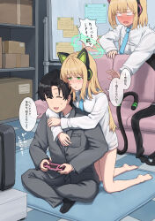 1boy 2girls absurdres aged_up aisumegane animal_ear_headphones animal_ears black_hair blonde_hair blue_archive blue_necktie blush cat_ear_headphones cat_tail closed_eyes controller embarrassed fake_animal_ears formal_clothes game_controller green_eyes green_halo grey_pants grey_suit halo headphones highres holding holding_controller holding_game_controller hug jealous long_hair looking_down mechanical_tail midori_(blue_archive) momoi_(blue_archive) multiple_girls necktie pants reaching reaching_towards_another sensei_(blue_archive) sensei_(blue_archive_the_animation) shirt short_hair siblings sitting suit sweat tail translation_request trembling twins white_shirt