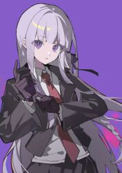 1girl adjusting_clothes adjusting_gloves black_gloves black_jacket black_ribbon braid chinese_commentary collared_shirt commentary cowboy_shot danganronpa:_trigger_happy_havoc danganronpa_(series) gloves grey_hair hair_ribbon highres jacket kirigiri_kyoko long_hair long_sleeves necktie open_clothes open_jacket purple_background purple_eyes ribbon shirt side_braid simple_background solo very_long_hair white_shirt yuki_(miyuki_kii)