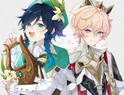 2boys :d absurdres ahoge aqua_eyes beret black_bow black_bowtie black_capelet black_hair blue_hair blush bow bowtie braid brown_corset cape capelet center_frills closed_mouth collared_cape corset dahlia_(genshin_impact) drawn_wings flower frilled_sleeves frills genshin_impact gold_trim gradient_hair green_cape green_hat grey_background hair_between_eyes hand_up hashtag-only_commentary hat hat_flower highres holding holding_instrument holding_lyre instrument long_sleeves looking_at_viewer lyre male_focus medium_hair mini_wings multicolored_hair multiple_boys nya_inuha open_mouth pink_hair purple_eyes shirt short_hair side_braids simple_background smile tassel teeth twin_braids two-sided_cape two-sided_fabric upper_body upper_teeth_only venti_(genshin_impact) white_flower white_hat white_shirt wings