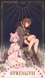 Rule 34 | 2girls, absurdres, bandaid, bandaid on knee, bandaid on leg, black shorts, boots, breasts, brown boots, brown coat, brown eyes, brown gloves, brown hair, closed mouth, coat, commentary request, dress, expressionless, fukana miyu (kokuya28), full body, fur coat, gloves, goggles, goggles on head, grass, hair ornament, highres, holding, holding sword, holding weapon, kokuya (kokuya28), looking at viewer, medium breasts, multiple girls, open mouth, original, pink eyes, pink hair, rock, roman numeral, seiza, short hair, shorts, sideboob, sitting, sleeveless, sleeveless dress, smile, strength (tarot), sword, tarot, toga, weapon, white dress, x hair ornament