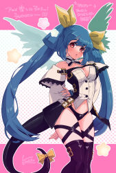 angel_wings asymmetrical_wings bare_shoulders black_panties black_thighhighs breasts detached_sleeves dizzy_(guilty_gear) guilty_gear guilty_gear_xrd hair_ribbon hair_rings highres kanea_(nikoinoillust) large_breasts long_hair midriff mini_wings monster_girl navel open_mouth panties red_eyes ribbon signature tail tail_ornament tail_ribbon thick_thighs thigh_strap thighhighs thighs twintails underwear wings yellow_ribbon