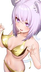 1girl :3 :d ahoge animal_ear_fluff animal_ears bikini breasts cat_ears cat_girl cat_tail cleavage commentary_request crossed_bangs double-parted_bangs fang gold_bikini golden_week hair_between_eyes highres hololive looking_at_viewer medium_breasts messy_hair navel nekomata_okayu open_mouth paid_reward_available purple_eyes purple_hair shoreen0504 short_hair simple_background smile solo swimsuit tail untied_bikini_top virtual_youtuber white_background