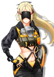 1girl black_gloves black_shrug blindfold blonde_hair camouflage camouflage_jacket camouflage_pants covered_eyes eye_mask gloves glowing_mask hair_ornament highres jacket latex_pants long_hair pants ponytail shirt shrug_(clothing) simple_background solo tight_clothes tight_pants triangle_hair_ornament trigger_(zenless_zone_zero) white_shirt zenless_zone_zero