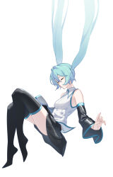 1girl absurdres aqua_hair black_boots black_skirt black_sleeves boots closed_eyes closed_mouth detached_sleeves grey_shirt hatsune_miku highres long_hair shirt simple_background skirt sleeveless sleeveless_shirt smile solo thigh_boots thighs vocaloid white_background zuiai_gongzhu_dianxia