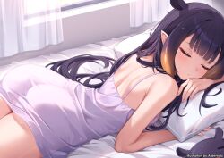 Rule 34 | 1girl, ardenlolo, ass, blunt bangs, closed eyes, dress, gradient hair, hololive, hololive english, long hair, lying, multicolored hair, ninomae ina&#039;nis, on stomach, orange hair, pillow, pointy ears, purple hair, sleeping, takodachi (ninomae ina&#039;nis), tentacle hair, virtual youtuber, white dress