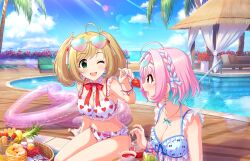 2girls ahoge animal_print annindoufu_(oicon) aqua_hair bare_shoulders beach_chair bear_print bikini blonde_hair blue_bikini blue_ribbon blue_sky blush bob_cut bow_print braid bread breasts cleavage cloud cloudy_sky collarbone colored_inner_hair dappled_sunlight day earrings fang feeding fingernails flower food fork frilled_bikini frills fruit gradient-tinted_eyewear green_eyes hair_intakes hair_ornament hair_ribbon heart heart-shaped_eyewear heart-shaped_innertube heart_earrings heart_hair_ornament heart_print idolmaster idolmaster_cinderella_girls idolmaster_cinderella_girls_starlight_stage innertube jam jewelry kiwi_(fruit) kiwi_slice knife large_breasts looking_at_another multicolored_hair multicolored_nails multiple_girls nail_polish navel necklace ocean official_art one_eye_closed open_mouth outdoors palm_tree pancake pancake_stack picnic_basket pink_eyes pink_flower pink_hair pink_innertube pink_nails pink_ribbon pool pool_ladder poolside raised_eyebrows red_flower ribbon ring sato_shin sitting sky smile spoon stomach strawberry sunlight swept_bangs swim_ring swimsuit thighs tinted_eyewear tree twintails two-tone_hair white_bikini wristband yumemi_riamu