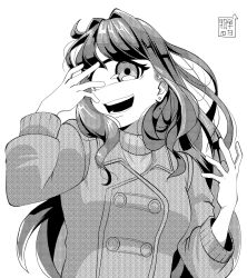 1girl coat cyclops earrings greyscale hands_up jewelry long_hair looking_at_viewer monochrome monster_girl one-eyed original simple_background smile solo stud_earrings upper_body white_background yakochu