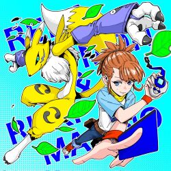 2girls belt black_sclera blue_background blue_eyes blue_pants blue_shirt body_fur brown_hair card character_name colored_sclera d-ark digimon digimon_(creature) digimon_tamers eikenkobayashi fox_tail full_body gradient_background high_ponytail highres holding holding_card kitsune leaf looking_at_another makino_ruki motion_blur multiple_girls pants ponytail renamon shirt simple_background tail white_fur white_shirt yellow_fur yellow_tail