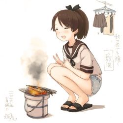 10s 1girl :d ^_^ bare_legs black_ribbon black_socks blush brown_hair brown_skirt bucket closed_eyes clothes_hanger commentary_request cooking eyebrows female_focus fire fish grill grilling hair_ribbon hand_gesture kantai_collection kneehighs kokudou_juunigou legs_together no_legwear no_socks open_mouth panties pleated_skirt polka_dot ponytail ribbon sandals saury school_uniform serafuku shichirin shikinami_(kancolle) short_hair short_sleeves shorts skirt sleeve_cuffs slippers smile smoke socks solo squatting toes translation_request underwear unworn_legwear unworn_panties unworn_skirt v white_panties